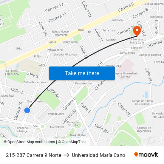 215-287 Carrera 9 Norte to Universidad María Cano map