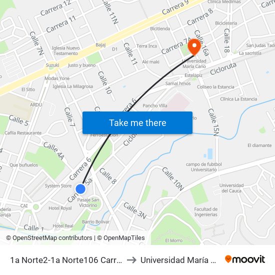 1a Norte2-1a Norte106 Carrera 6 to Universidad María Cano map
