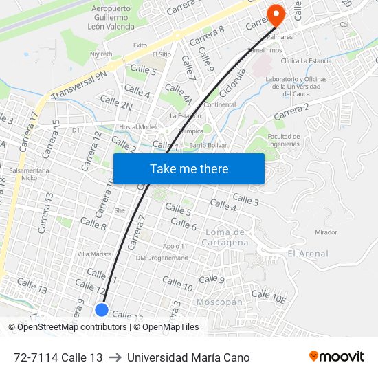 72-7114 Calle 13 to Universidad María Cano map