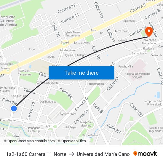 1a2-1a60 Carrera 11 Norte to Universidad María Cano map