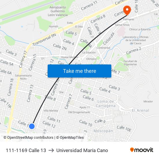 111-1169 Calle 13 to Universidad María Cano map