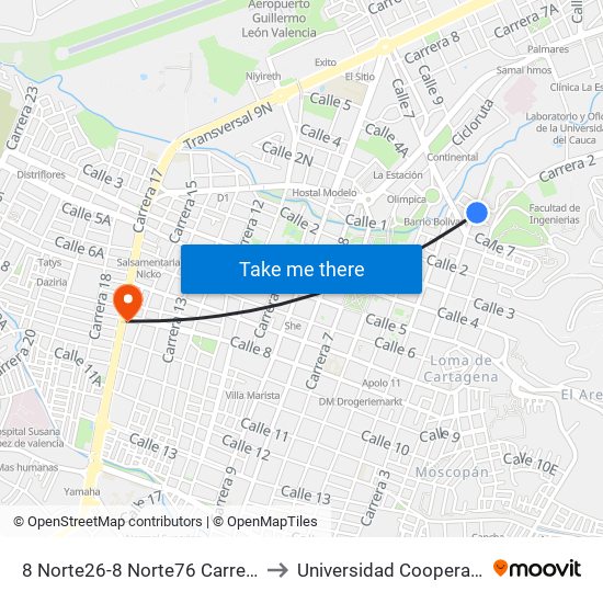 8 Norte26-8 Norte76 Carrera 3 to Universidad Cooperativa map