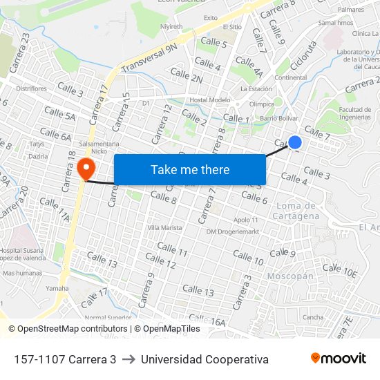 157-1107 Carrera 3 to Universidad Cooperativa map