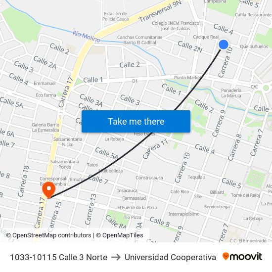 1033-10115 Calle 3 Norte to Universidad Cooperativa map