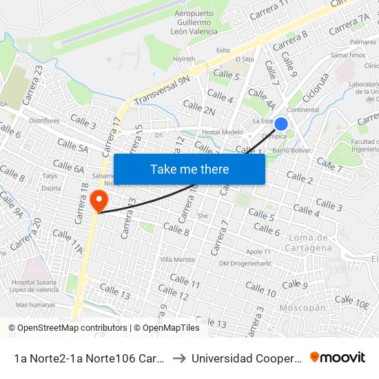 1a Norte2-1a Norte106 Carrera 6 to Universidad Cooperativa map