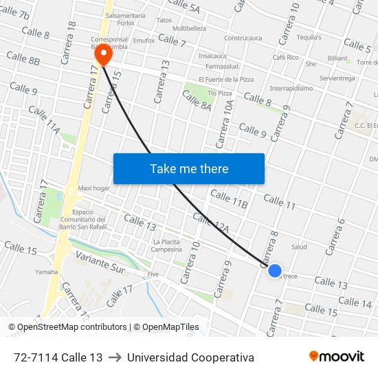 72-7114 Calle 13 to Universidad Cooperativa map