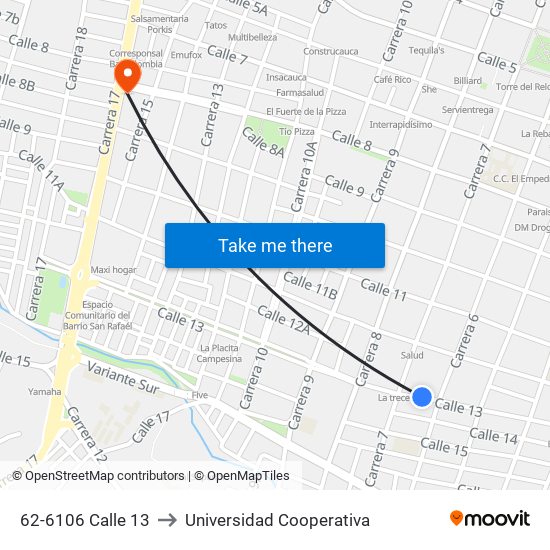 62-6106 Calle 13 to Universidad Cooperativa map