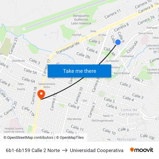 6b1-6b159 Calle 2 Norte to Universidad Cooperativa map