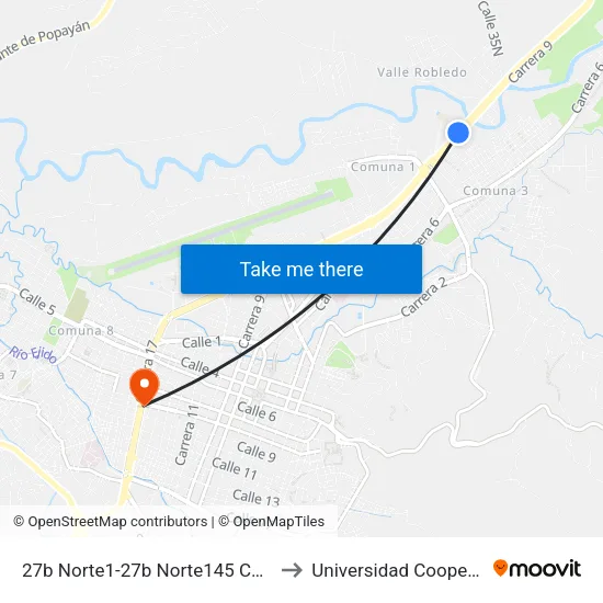 27b Norte1-27b Norte145 Carrera 9 to Universidad Cooperativa map