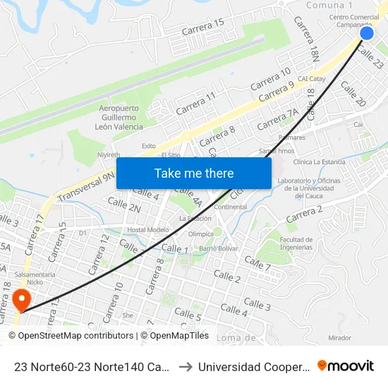 23 Norte60-23 Norte140 Carrera 9 to Universidad Cooperativa map