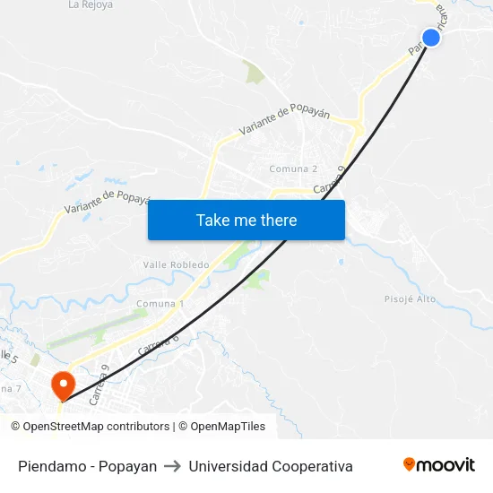 Piendamo - Popayan to Universidad Cooperativa map