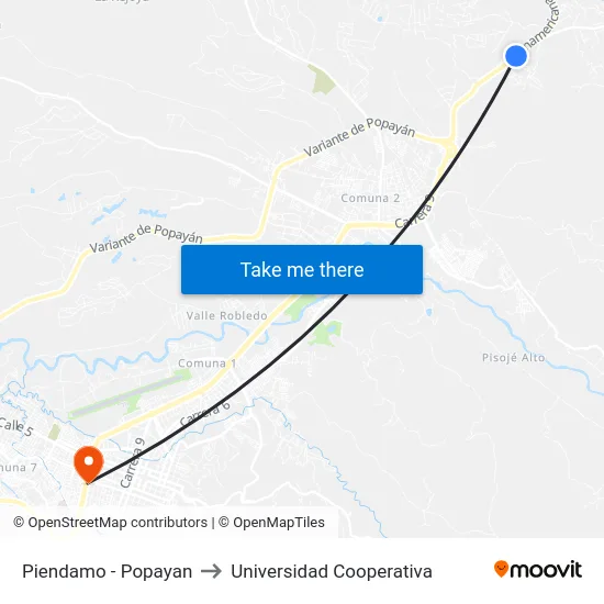 Piendamo - Popayan to Universidad Cooperativa map