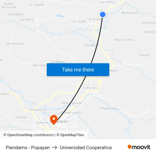 Piendamo - Popayan to Universidad Cooperativa map