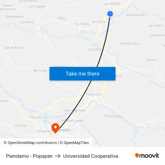 Piendamo - Popayan to Universidad Cooperativa map
