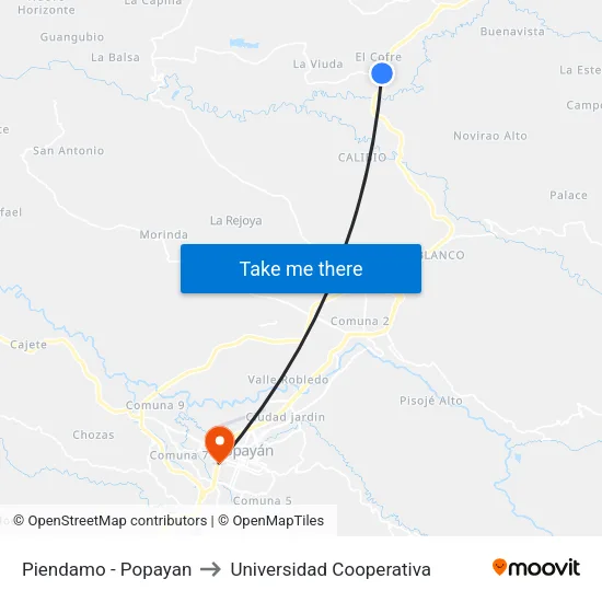 Piendamo - Popayan to Universidad Cooperativa map