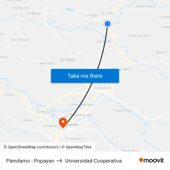 Piendamo - Popayan to Universidad Cooperativa map