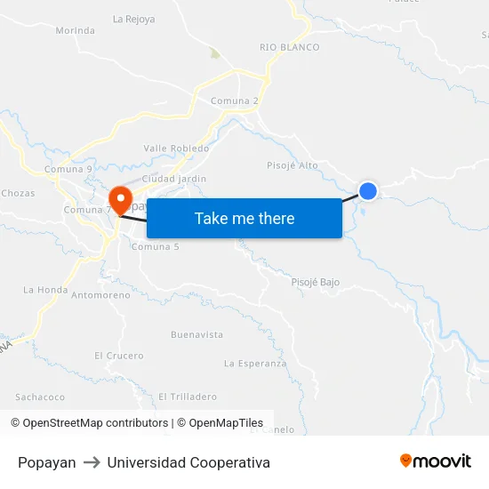 Popayan to Universidad Cooperativa map