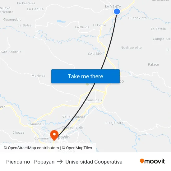 Piendamo - Popayan to Universidad Cooperativa map