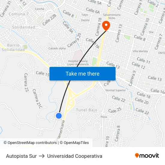 Autopista Sur to Universidad Cooperativa map