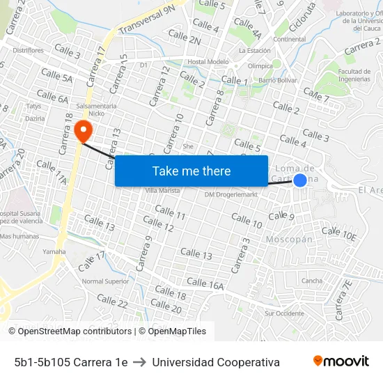 5b1-5b105 Carrera 1e to Universidad Cooperativa map