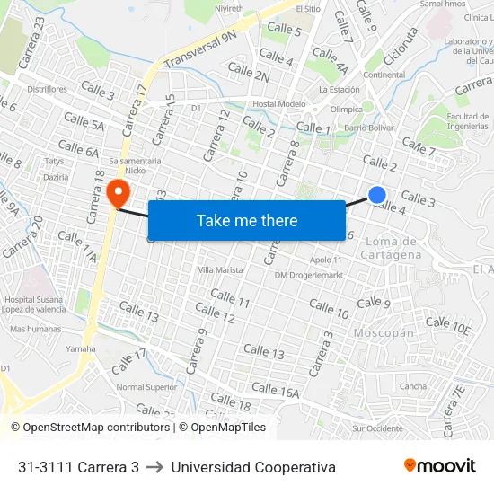 31-3111 Carrera 3 to Universidad Cooperativa map