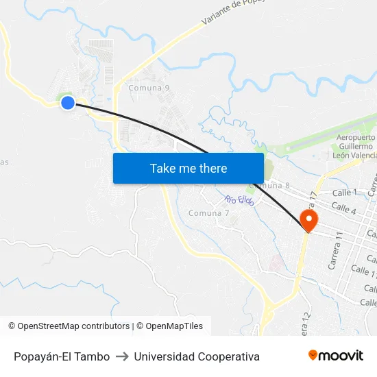 Popayán-El Tambo to Universidad Cooperativa map