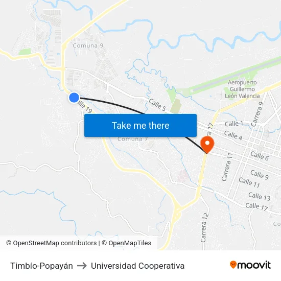Timbío-Popayán to Universidad Cooperativa map