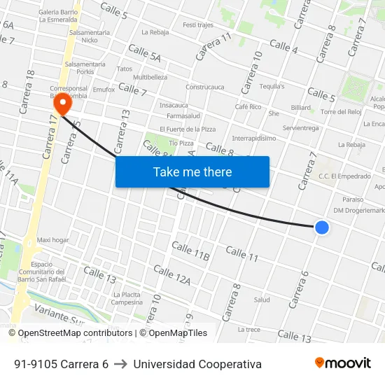 91-9105 Carrera 6 to Universidad Cooperativa map