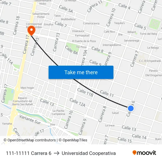 111-11111 Carrera 6 to Universidad Cooperativa map