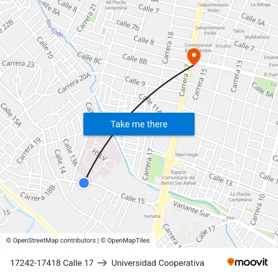 17242-17418 Calle 17 to Universidad Cooperativa map