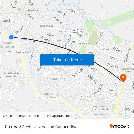 Carrera 37 to Universidad Cooperativa map