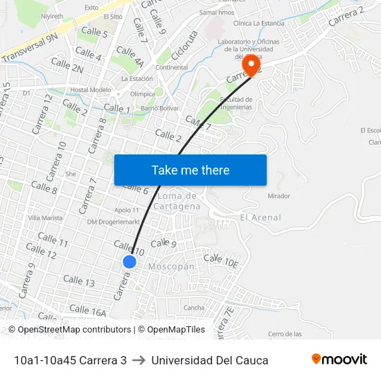 10a1-10a45 Carrera 3 to Universidad Del Cauca map
