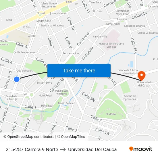 215-287 Carrera 9 Norte to Universidad Del Cauca map
