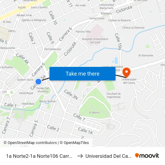 1a Norte2-1a Norte106 Carrera 6 to Universidad Del Cauca map
