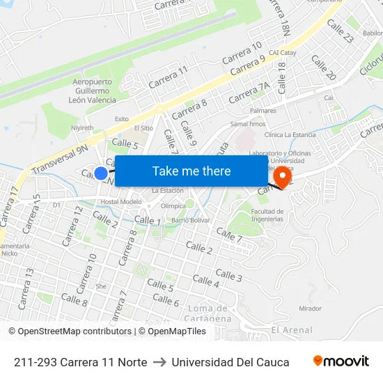 211-293 Carrera 11 Norte to Universidad Del Cauca map