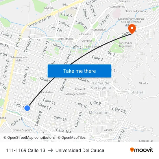 111-1169 Calle 13 to Universidad Del Cauca map