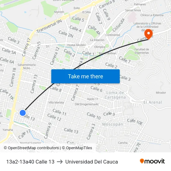 13a2-13a40 Calle 13 to Universidad Del Cauca map