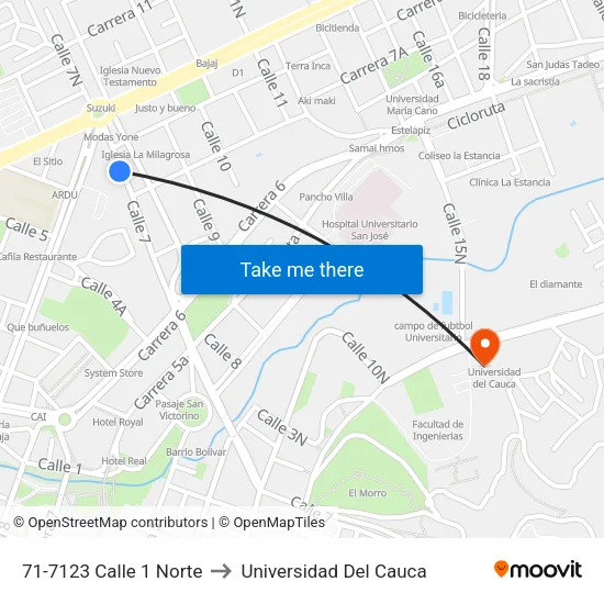 71-7123 Calle 1 Norte to Universidad Del Cauca map