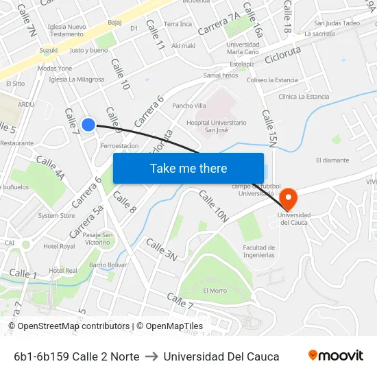 6b1-6b159 Calle 2 Norte to Universidad Del Cauca map
