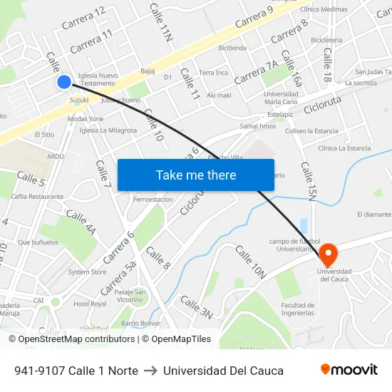 941-9107 Calle 1 Norte to Universidad Del Cauca map