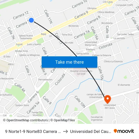 9 Norte1-9 Norte83 Carrera 11 to Universidad Del Cauca map