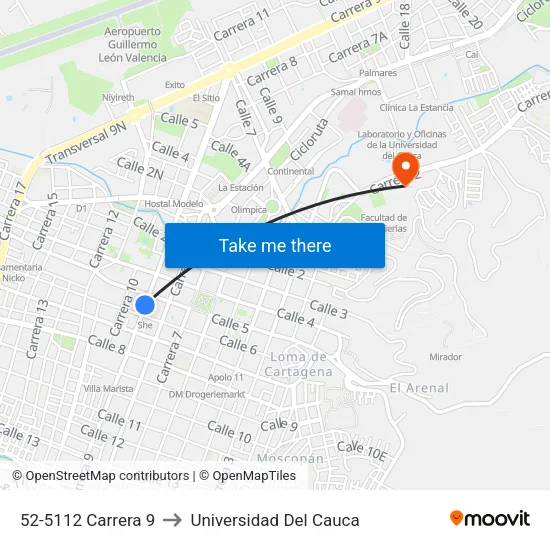 52-5112 Carrera 9 to Universidad Del Cauca map