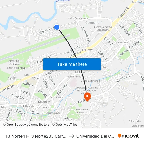 13 Norte41-13 Norte203 Carrera 15 to Universidad Del Cauca map