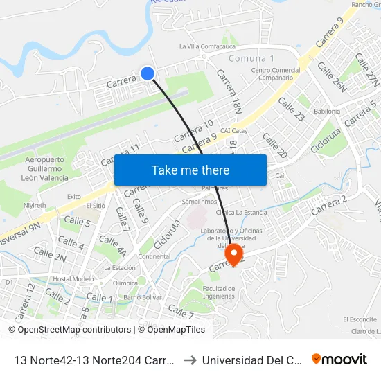 13 Norte42-13 Norte204 Carrera 15 to Universidad Del Cauca map