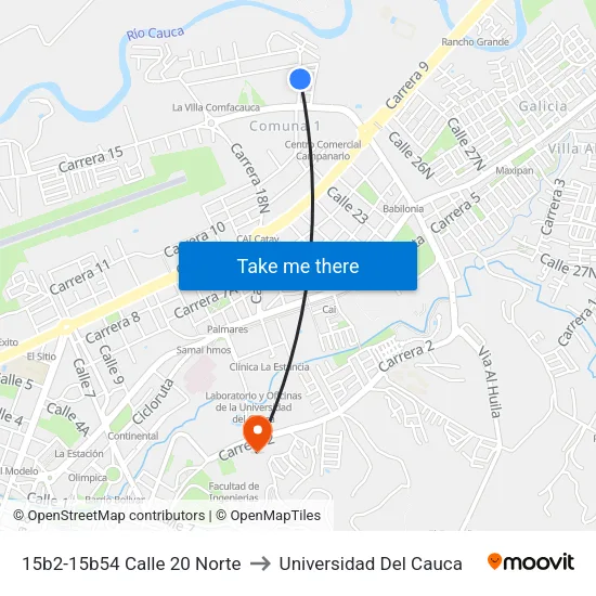 15b2-15b54 Calle 20 Norte to Universidad Del Cauca map