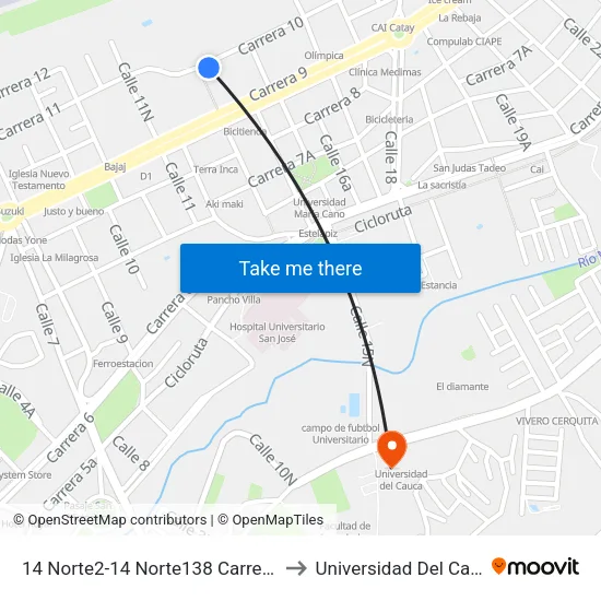 14 Norte2-14 Norte138 Carrera 10 to Universidad Del Cauca map