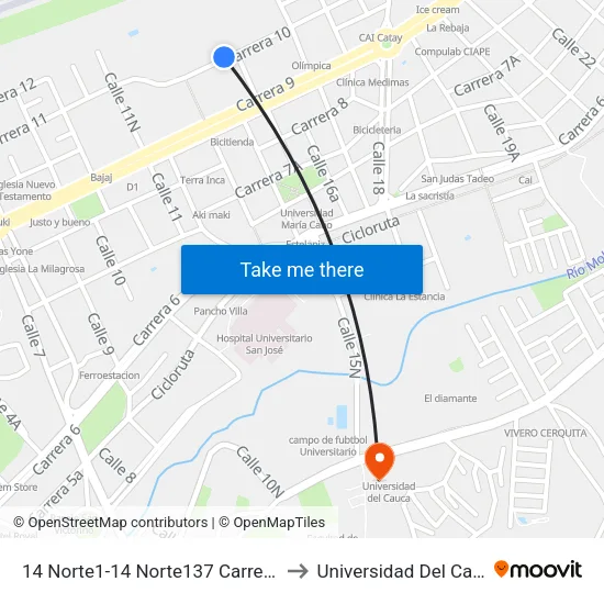 14 Norte1-14 Norte137 Carrera 10 to Universidad Del Cauca map