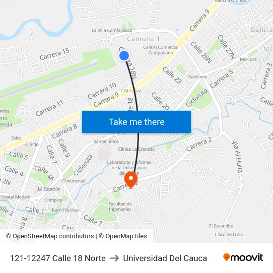 121-12247 Calle 18 Norte to Universidad Del Cauca map