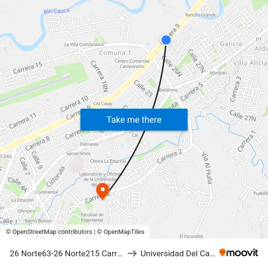 26 Norte63-26 Norte215 Carrera 9 to Universidad Del Cauca map