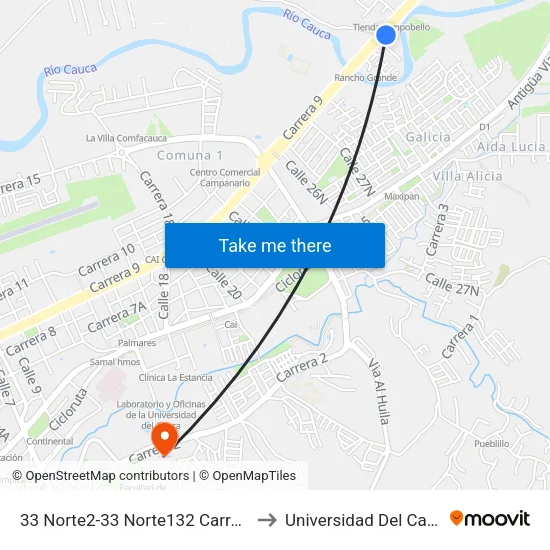 33 Norte2-33 Norte132 Carrera 9 to Universidad Del Cauca map